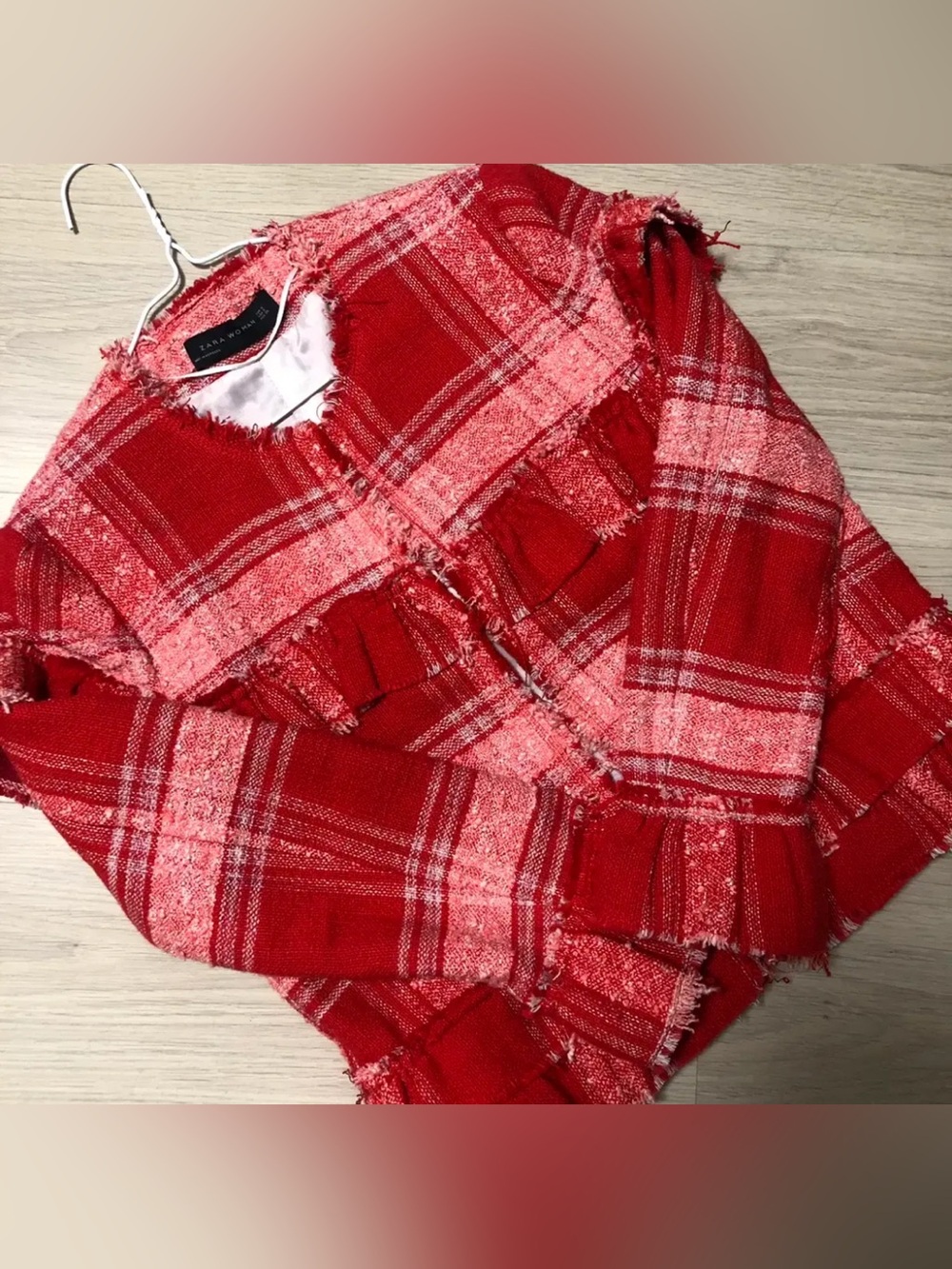 Zara Red Plaid Tweed Jacket with Fringe